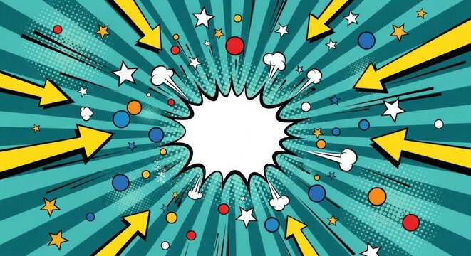 Comic book style background with burst effect, arrows pointing to a blank white center, stars and colorful circles on a teal striped backdrop. - Powered by Adobe