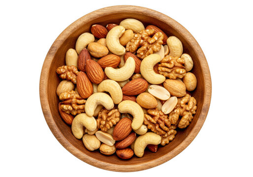 A wooden bowl filled with a variety of healthy mixed nuts isolated on transparent background