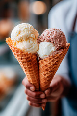 Two delicious ice cream cones with creamy vanilla and chocolate flavors are held in hands, showcasing a delightful treat against a soft-focused background.