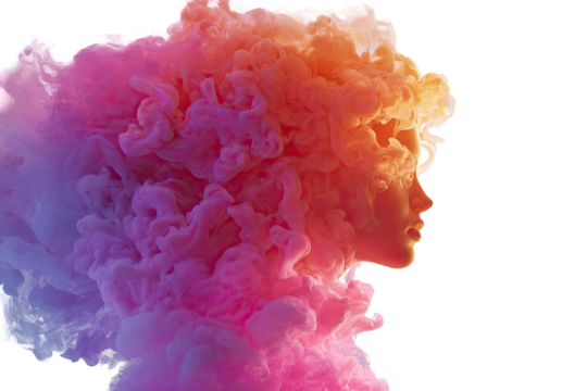 Abstract profile portrait, vibrant ink clouds swirl around a female figure - Powered by Adobe