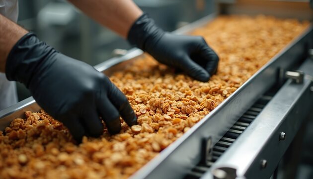Worker in black gloves inspects roasted crunchy granola on conveyor belt. Food production process emphasizes quality control, hygiene, safety in modern manufacturing plant. View highlights meticulous - Powered by Adobe