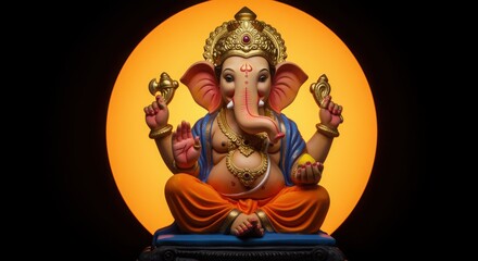 Fototapeta premium Ganesha statue seated with a large orange sun disc behind