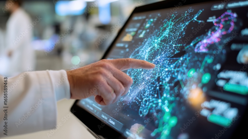 Poster close medium shot of a researchers hands interacting with a touchscreen dashboard showing realtime a