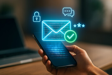 Hand holding smartphone with glowing secure email icon and binary code for encrypted digital communication and cybersecurity concept