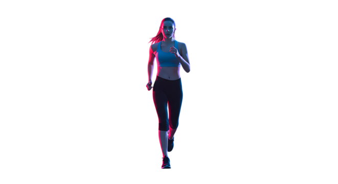 Dynamic woman runner focused on fitness goals, energized by vibrant neon lighting for active lifestyle promotion