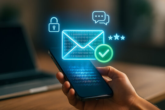 Hand holding smartphone with glowing secure email icon and binary code for encrypted digital communication and cybersecurity concept - Powered by Adobe