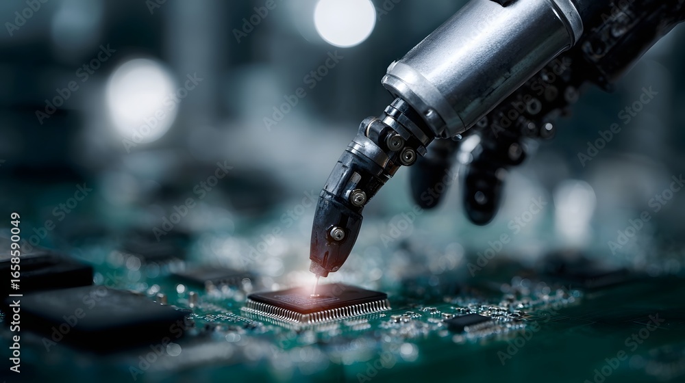 Poster robotic arm assembling electronic circuit board in a lab setting