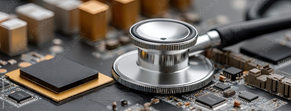 Aufkleber close-up view of a stethoscope placed on a printed circuit board highlighting the intersection of te