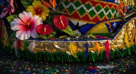 West indian day parade Vibrant close-up of a colorful carnival float with tropical flowers, feathers, and confetti.