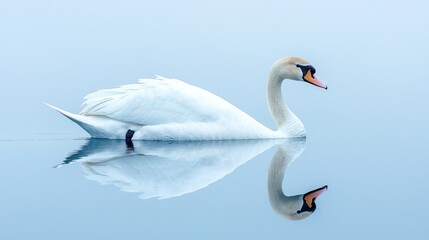 Fototapeta premium Serene Swan Reflection: A Misty Morning on Still Waters