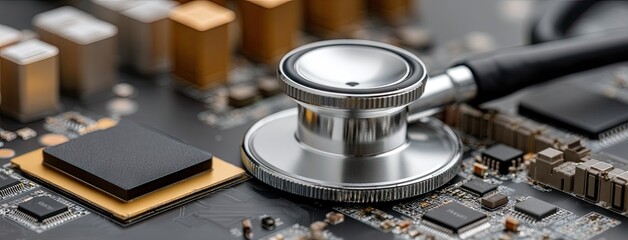 Close-up view of a stethoscope placed on a printed circuit board highlighting the intersection of technology and healthcare
