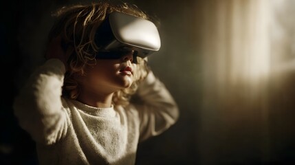 Child exploring virtual reality with a VR headset in a setting