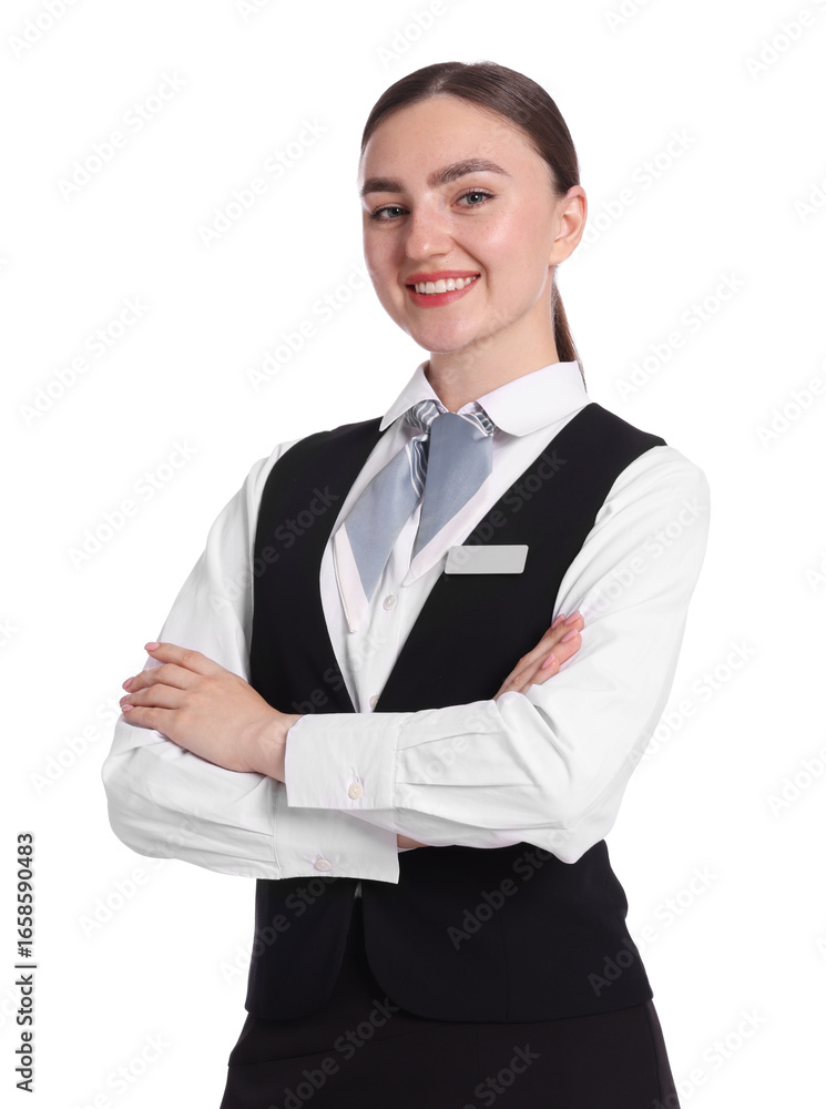 Poster smiling receptionist in uniform with crossed arms on white background
