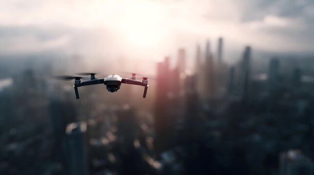 Drone flying over a modern city skyline in daylight - Powered by Adobe