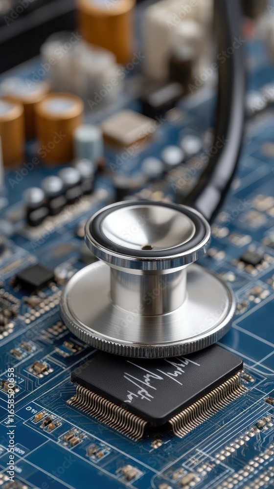 Aufkleber close-up view of a stethoscope placed on a printed circuit board highlighting the intersection of te