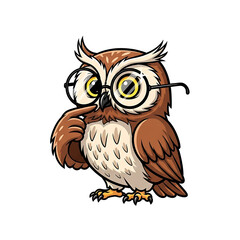 Obraz premium A pensive cartoon owl wearing glasses, thoughtfully touching its beak.