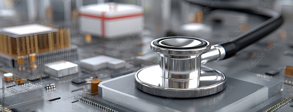 Aufkleber close-up view of a stethoscope placed on a printed circuit board highlighting the intersection of te