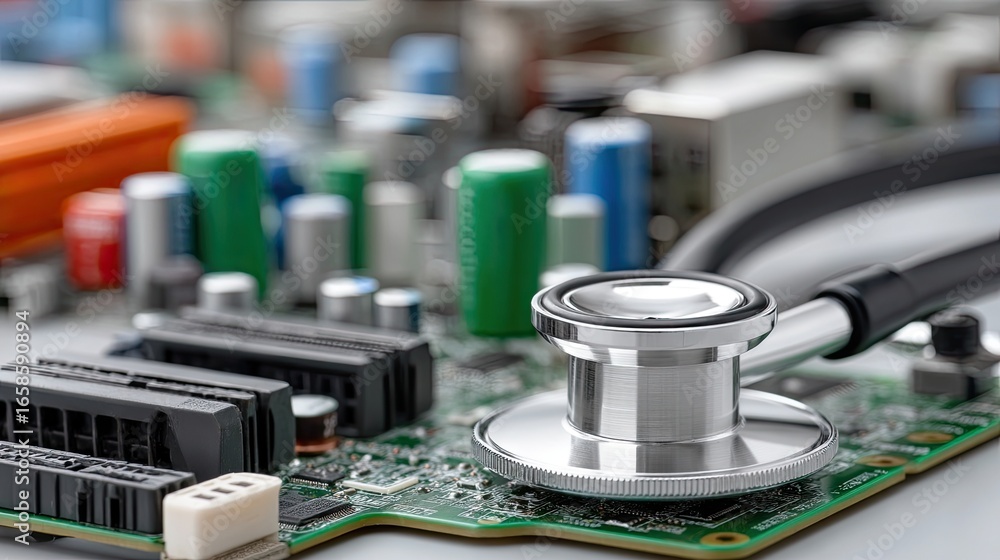 Aufkleber close-up view of a stethoscope placed on a printed circuit board highlighting the intersection of te