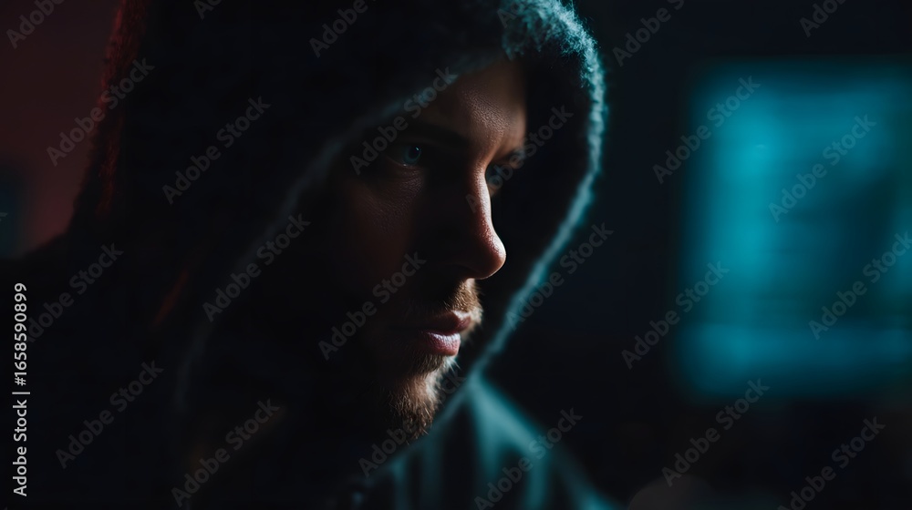 Aufkleber hacker in hoodie coding in dimly lit room