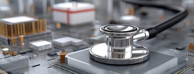 Close-up view of a stethoscope placed on a printed circuit board highlighting the intersection of technology and healthcare