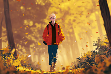 Stylish anime boy walking through an autumn forest with falling leaves, golden tones, modern fashion, anime background.