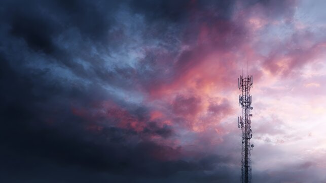 5G antenna tower silhouetted against a dramatic sunset sky