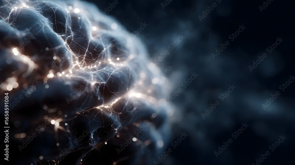 Aufkleber a digital brain with a glowing neural network and tech lighting