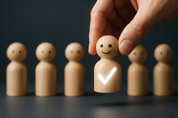 Hand picking wooden figure with glowing checkmark selection recruitment approval and successful choice concept in workplace