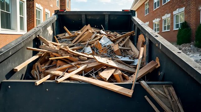 Large dumpster outside building filled with wooden planks and construction debris in bright outdoor environment
