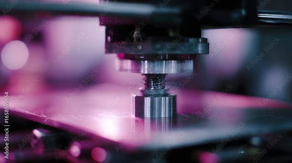 Poster a 3d printer fabricating a mechanical component in a detailed lab setting