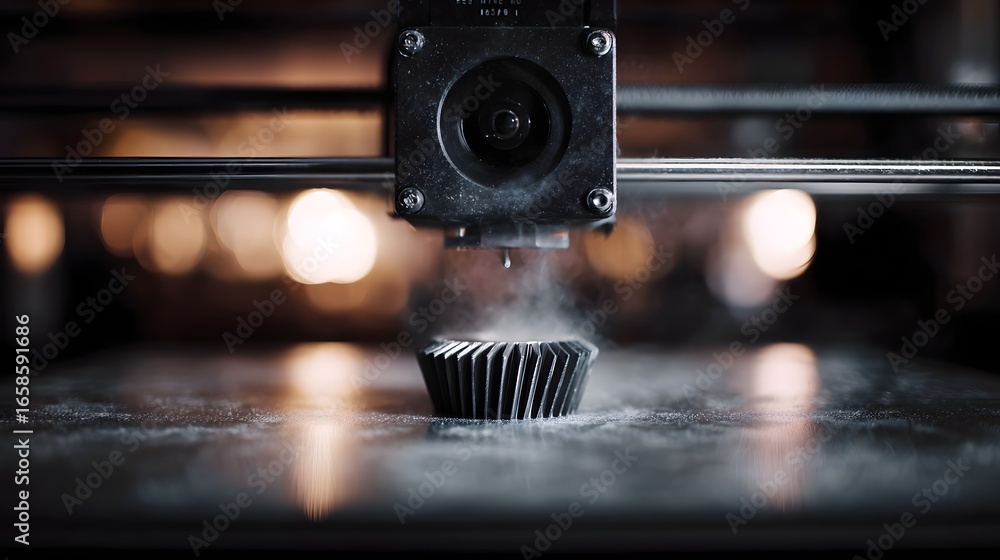 Poster a 3d printer producing a mechanical component in a laboratory setting