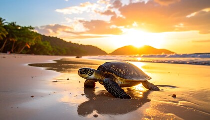 Turtle on a beach at sunset