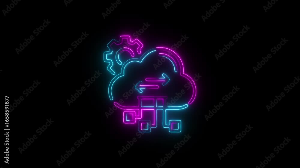 Aufkleber neon cloud computing icon with data flow and gear symbol in red and yellow glow on black background.