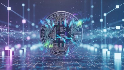 Floating Bitcoin coin with holographic glow in digital space, neon blue and purple lights, futuristic blockchain background symbolizing crypto innovation.