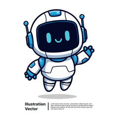 Cute white robot with blue accents waving hello, isolated on white background vector illustration