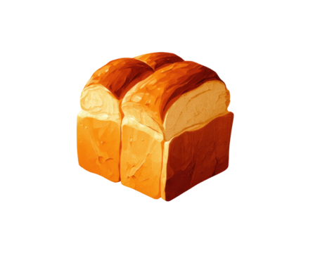 Close-up of a stylized loaf of sliced bread. Golden-brown crust, light-yellow interior, smooth texture, slightly rounded edges, two slices, isolated on black