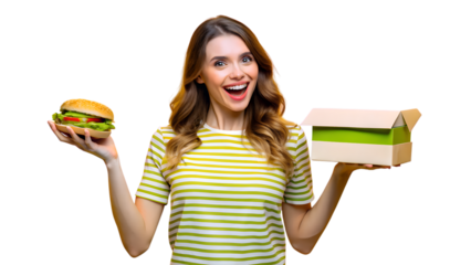 Joyful woman excitedly presents a delicious burger and an open delivery box, perfect for food promotions and lifestyle content.