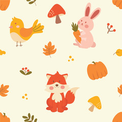 Obraz premium Cute Animal Seamless Forest Pattern. Seamless cartoon pattern with forest animals and fall motifs. Suitable for nursery posters, kids’ clothing, and seasonal stationery.