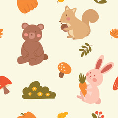 Woodland Friends Autumn Seamless Pattern. Seamless cartoon pattern with forest animals and fall motifs. Suitable for nursery posters, kids’ clothing, and seasonal stationery.