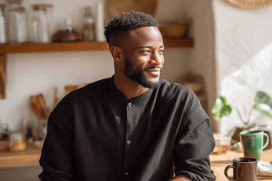 portrait of smiling african american man looking out of the window of a cafe