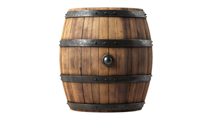 Wooden barrel with metal straps isolated on a transparent background