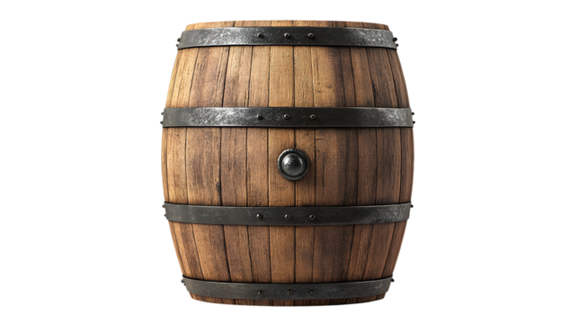 Wooden barrel with metal straps isolated on a transparent background