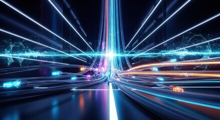 Abstract visualization of data streams with light trails, representing connectivity, speed, and digital information flow.