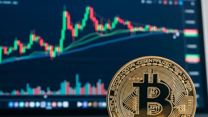 Close-up Bitcoin in front of laptop screen showing candlestick chart, representing crypto trading, volatility, and modern digital finance environment.