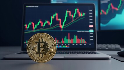 Close-up Bitcoin in front of laptop screen showing candlestick chart, representing crypto trading, volatility, and modern digital finance environment.
