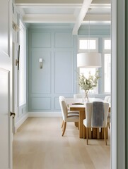 Dining Room featuring walls painted in SW 7551 Greek Villa Hex Value F0ECE2 and Oyster Bay SW 6206 A9B6AC Hero shot of a beautifully styled interior space in a .