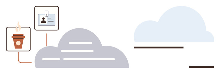 Coffee cup, ID badge with digital links next to cloud icons symbolize online networking, identity security, and recreation. Ideal for technology, productivity, remote work, cloud storage, data