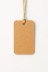 Brown Kraft Paper Tag Hanging on Twine Against White Background – Realistic Mockup