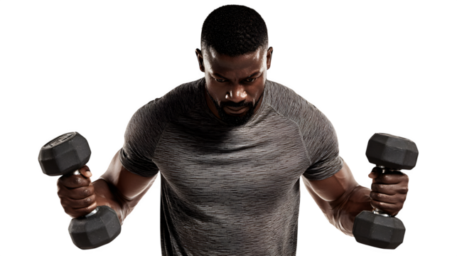 A man lifting dumbbells with perfect form in a fitness studio, highlighting strength training techniques