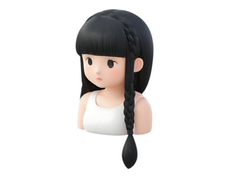 Charming 3D character with braided hair and innocent expression, perfect for modern animations and kid-friendly designs.